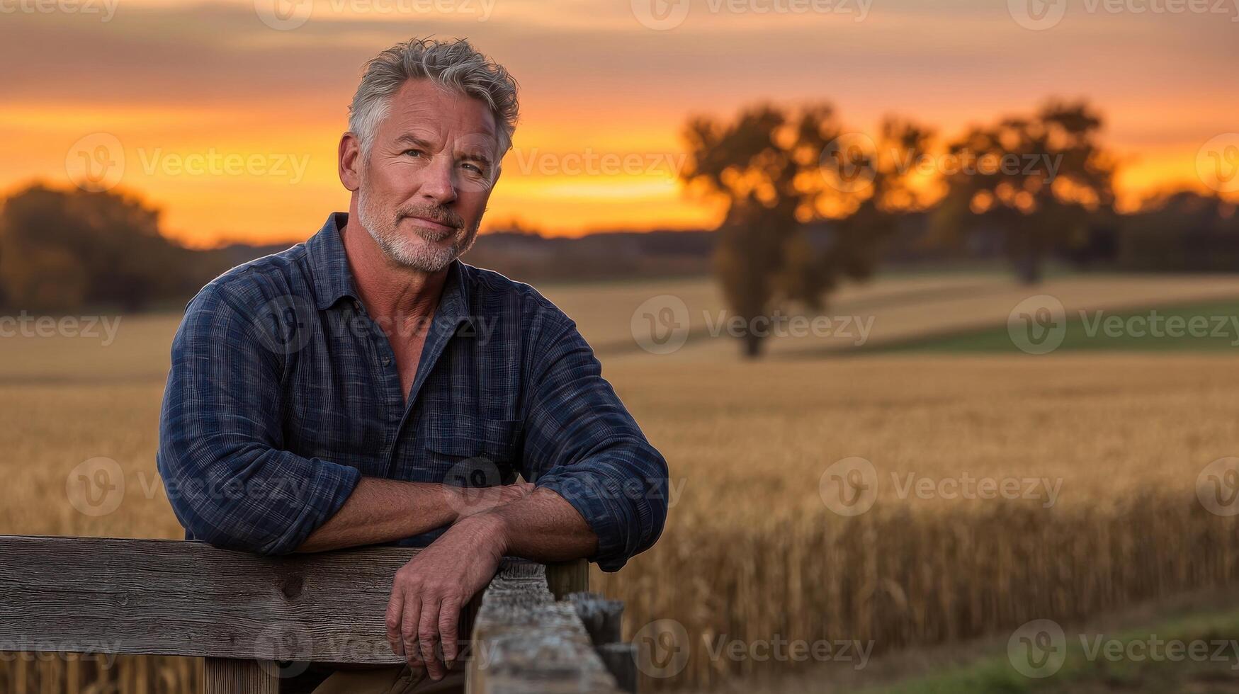 Mature man standing by fence in countryside at sunset with golden fields photo