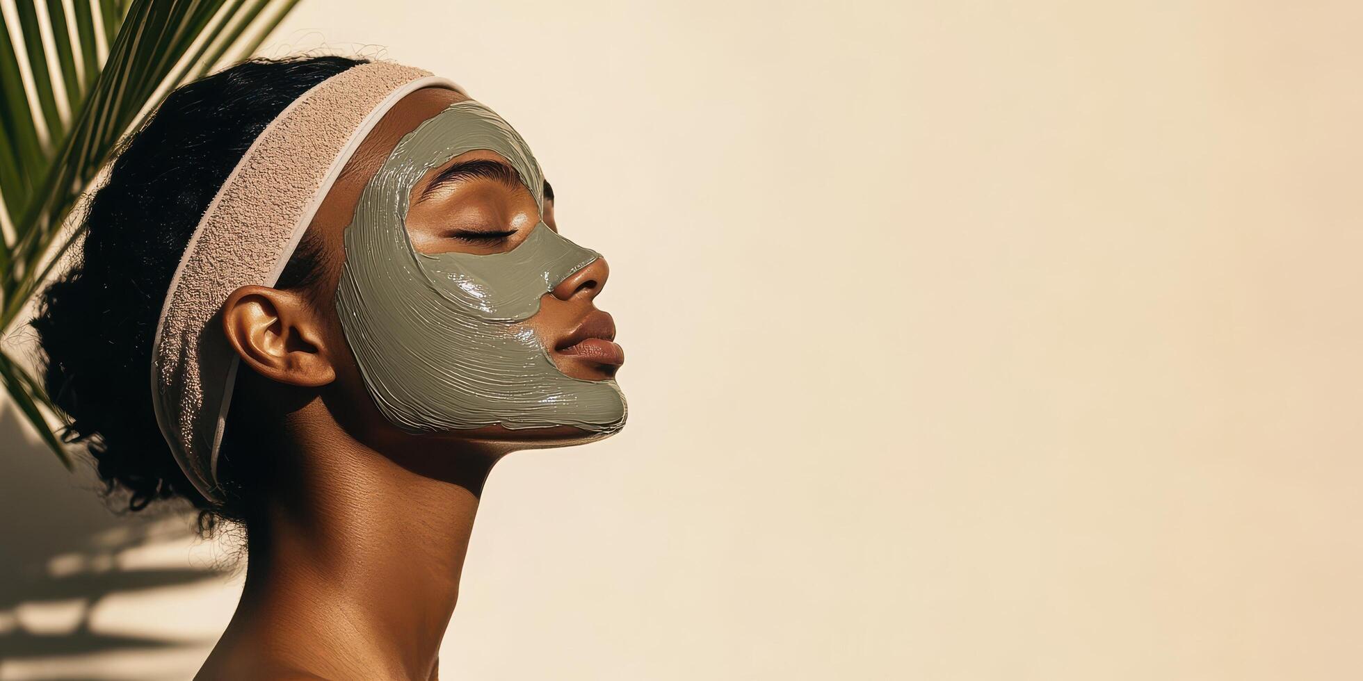 Woman with facial mask and flowing hair effect in skincare and relaxation photo