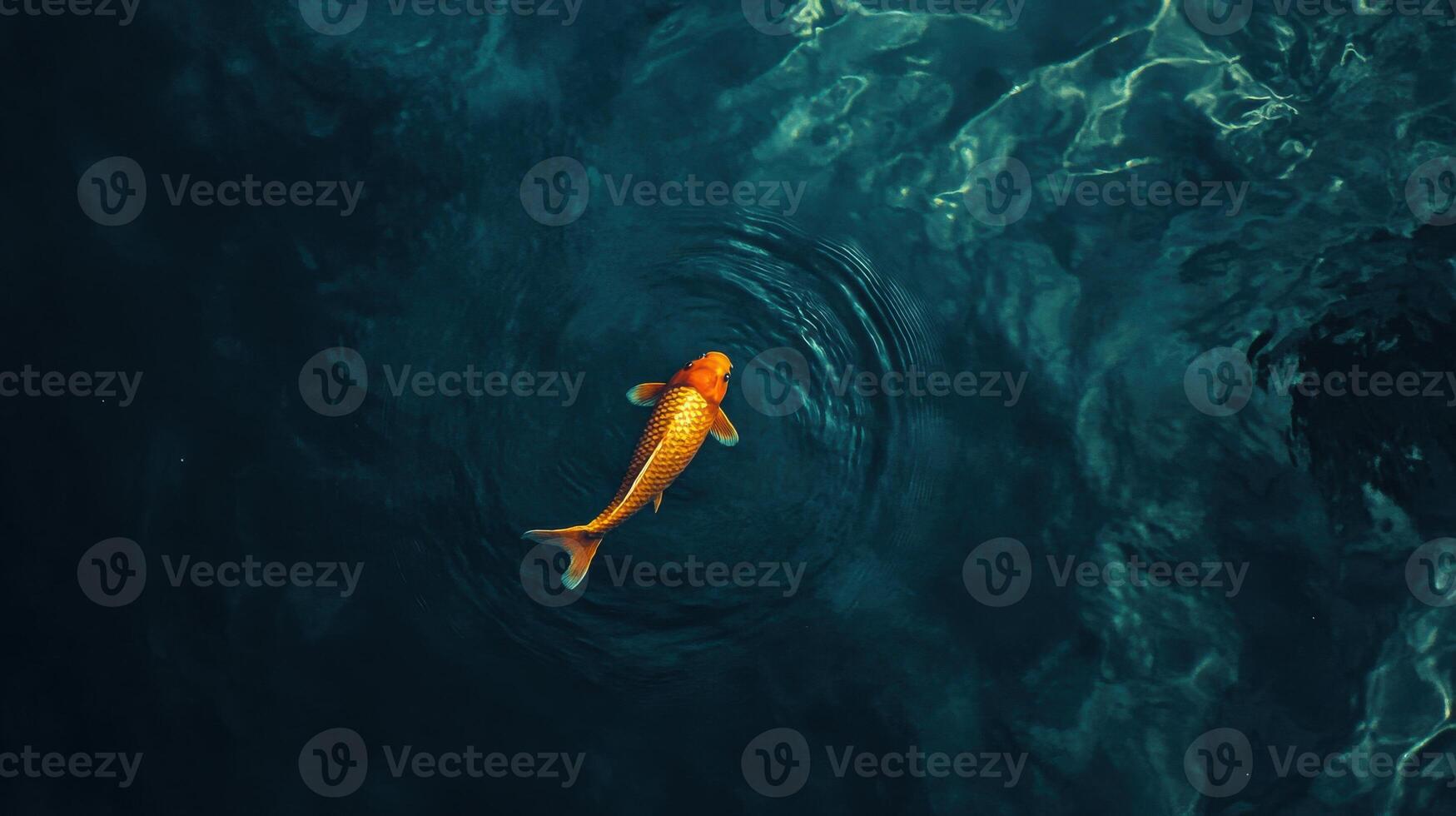 Orange koi fish swimming gracefully in dark pond water with gentle ripples photo