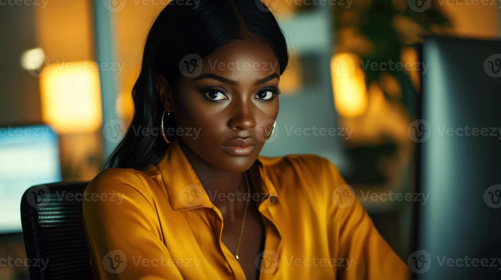 Confident female professional in office environment with elegant yellow blouse photo