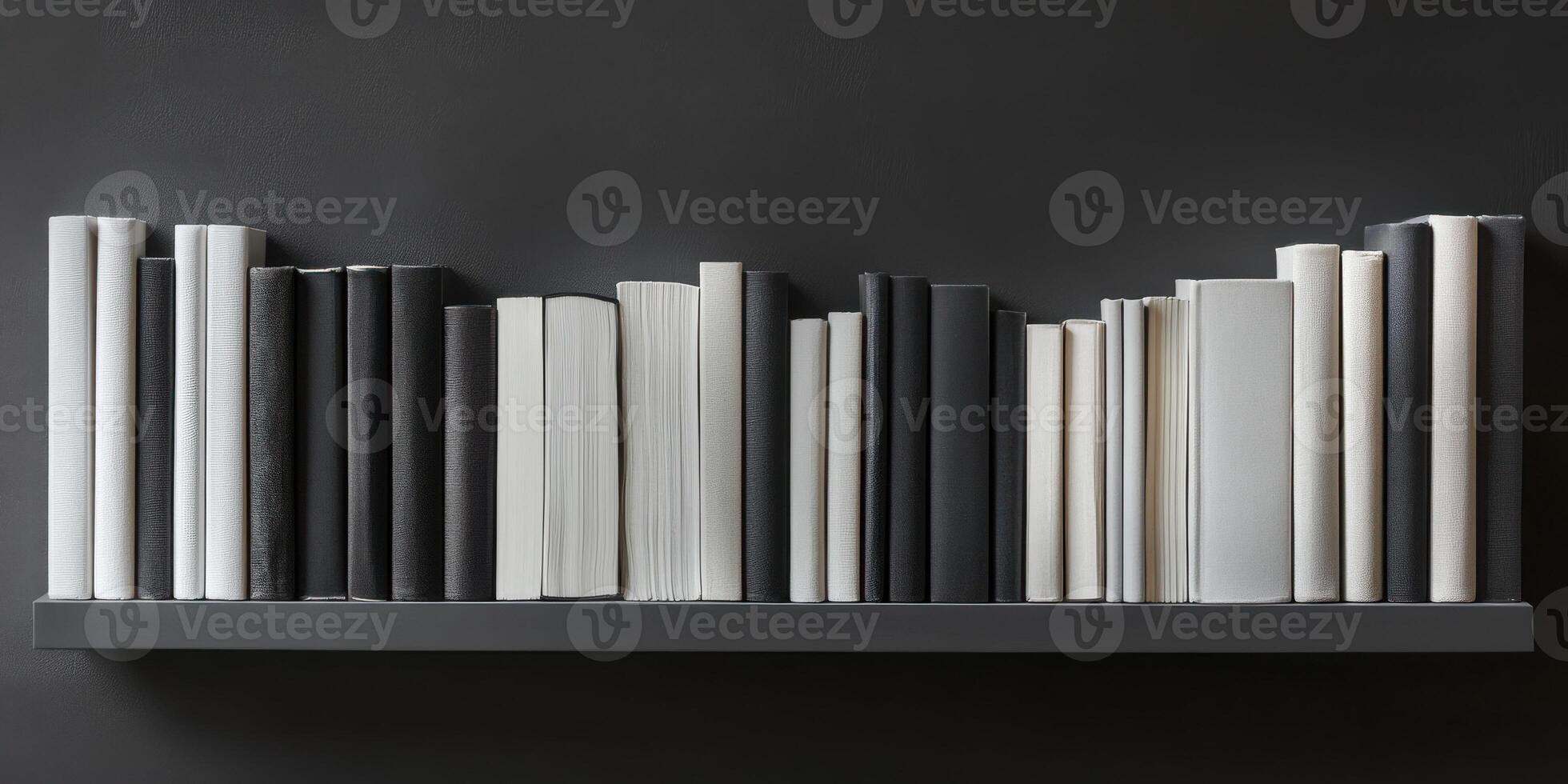 Monochrome books on black shelf with minimalist style for interior design photo