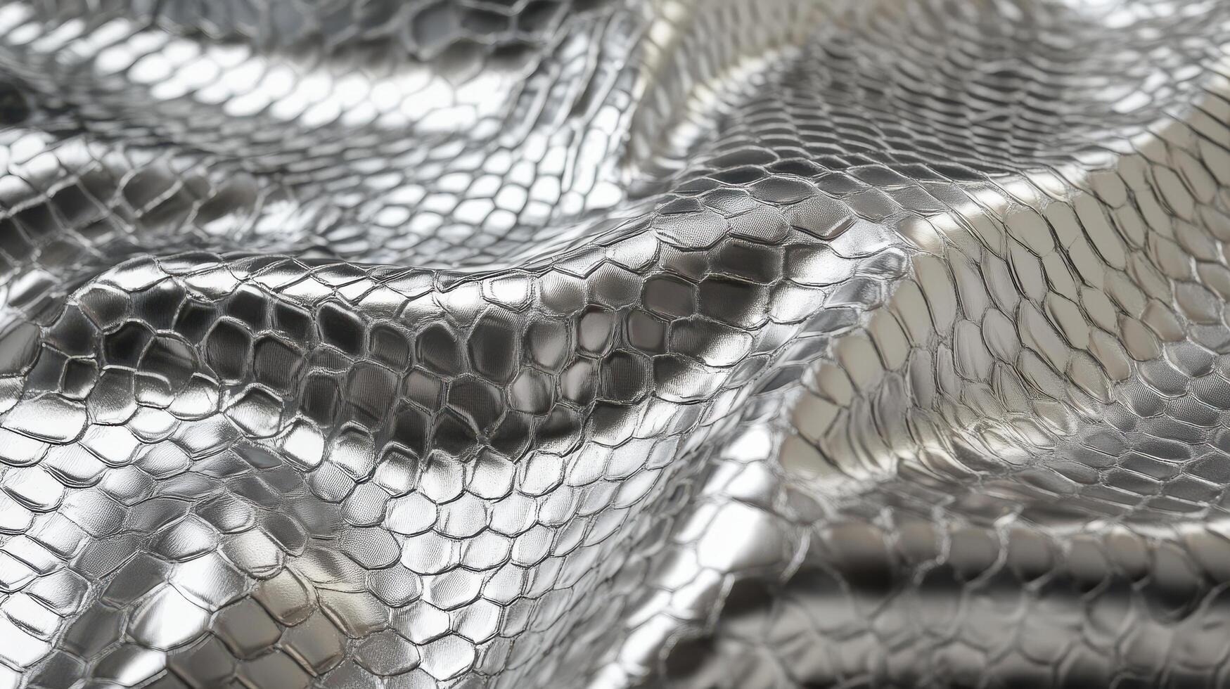 Silver metallic snake skin texture with reflective surface in close-up photography photo