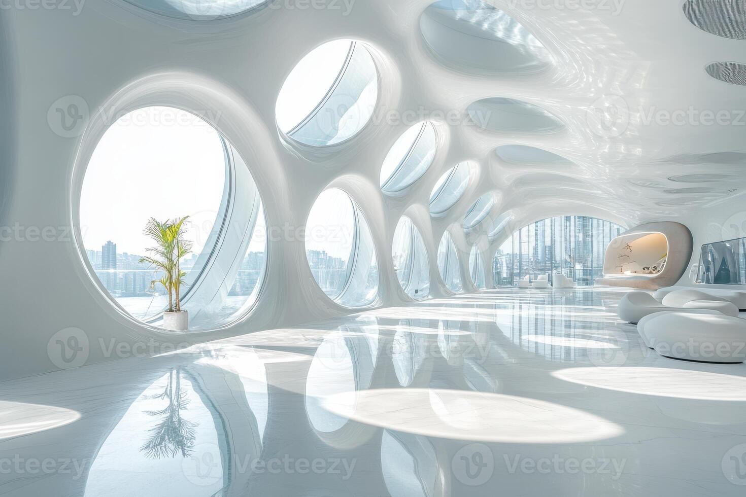 Futuristic architecture with large circular windows and bright interior space photo