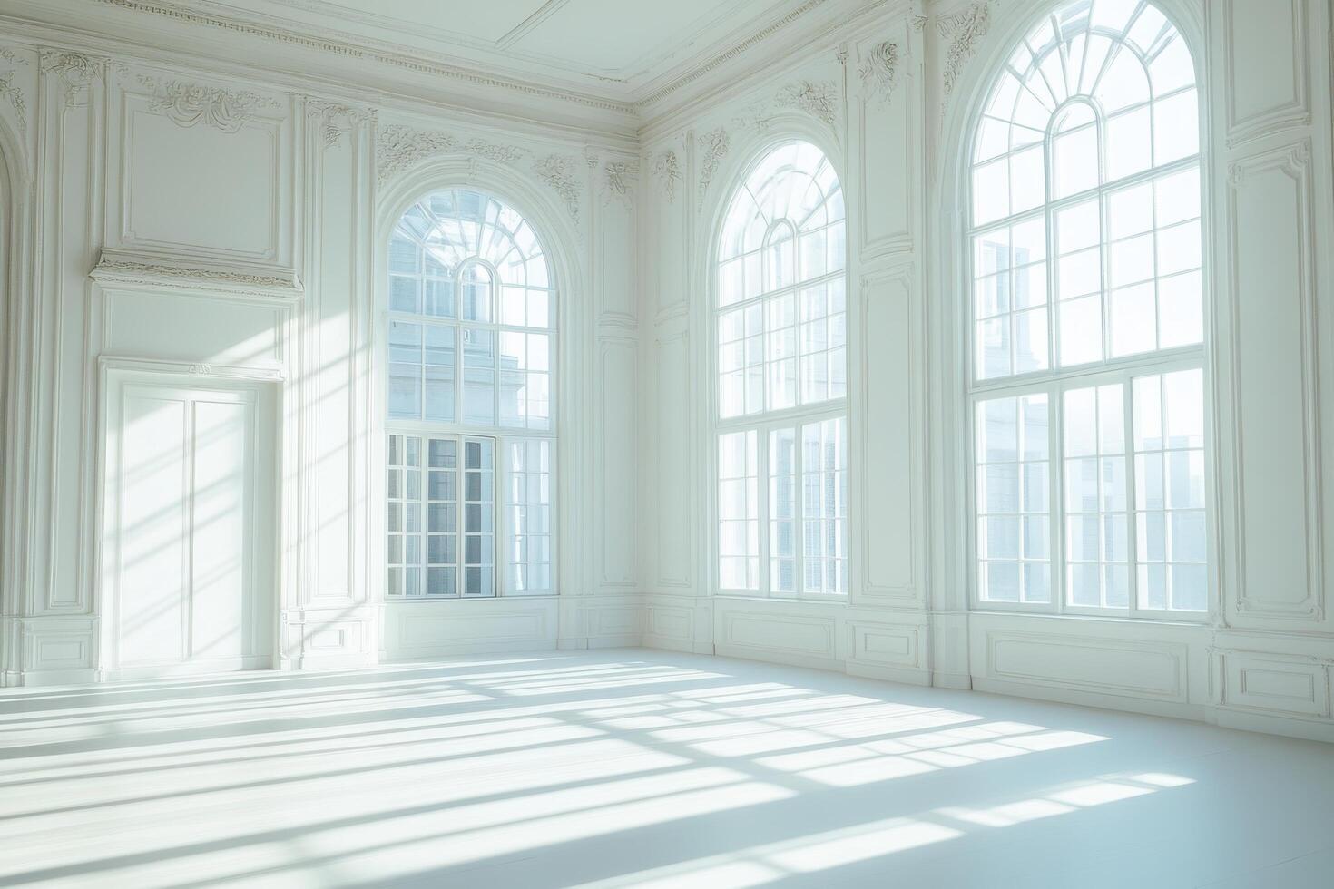 Bright room interior with large arched windows photo