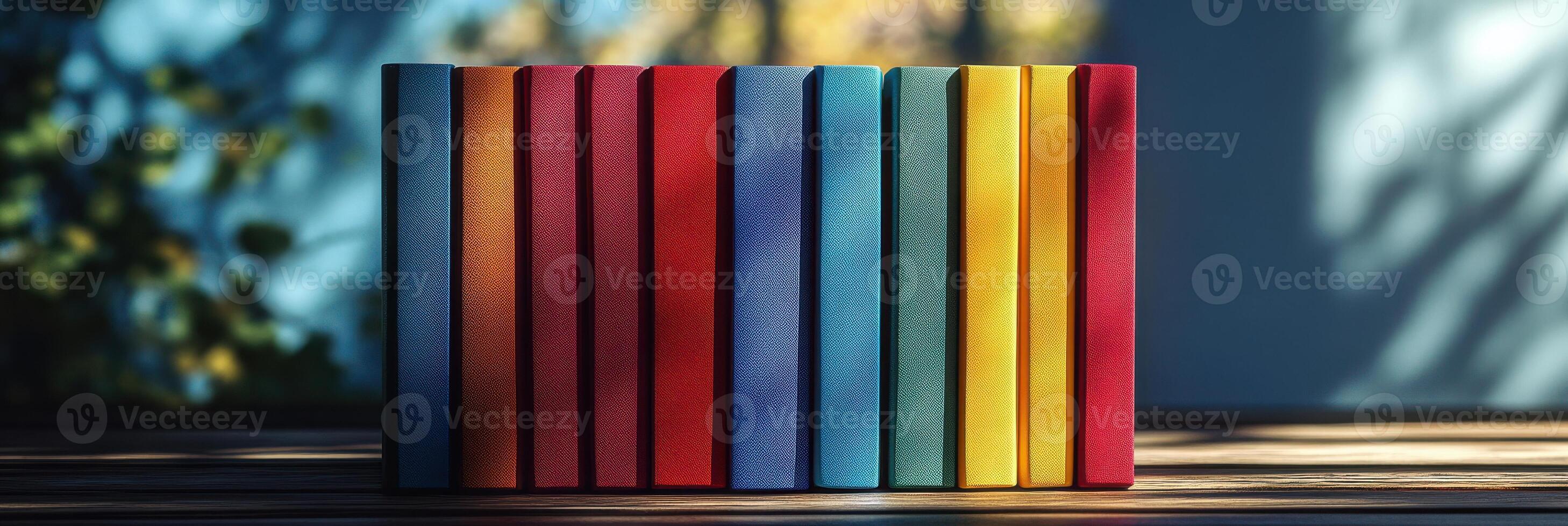 Colorful hardcover books in sunlight on a wooden table displaying vertical arrangement photo