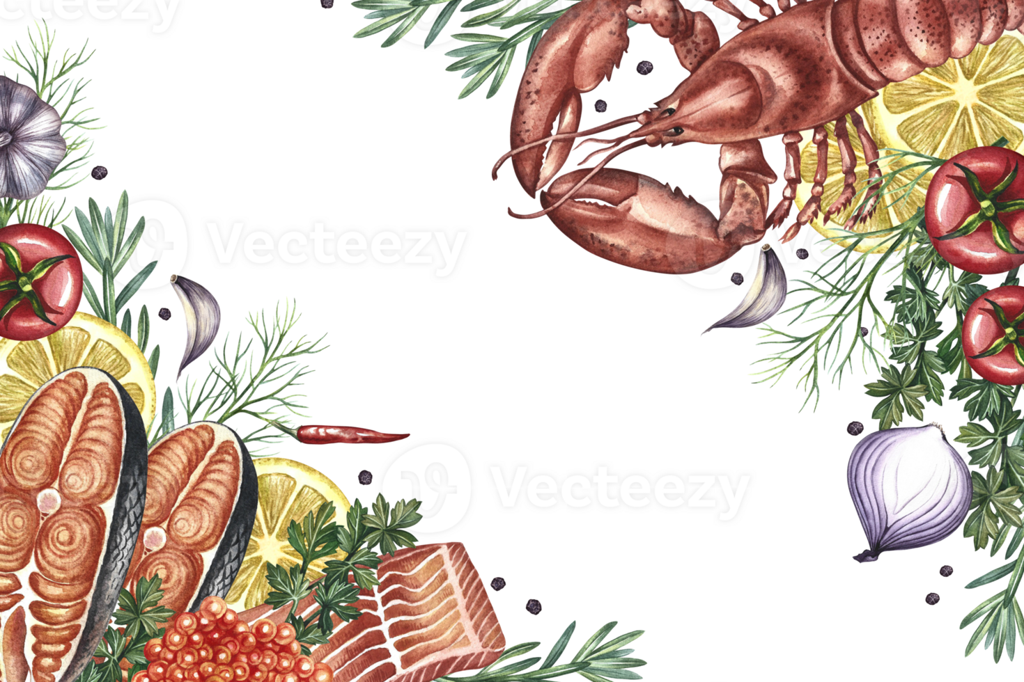 Corner frame with lobster and fish, vegetables and spices. A hand-drawn watercolor illustration. A color image of a seafood template. For menu, recipe, invitation and packaging. png
