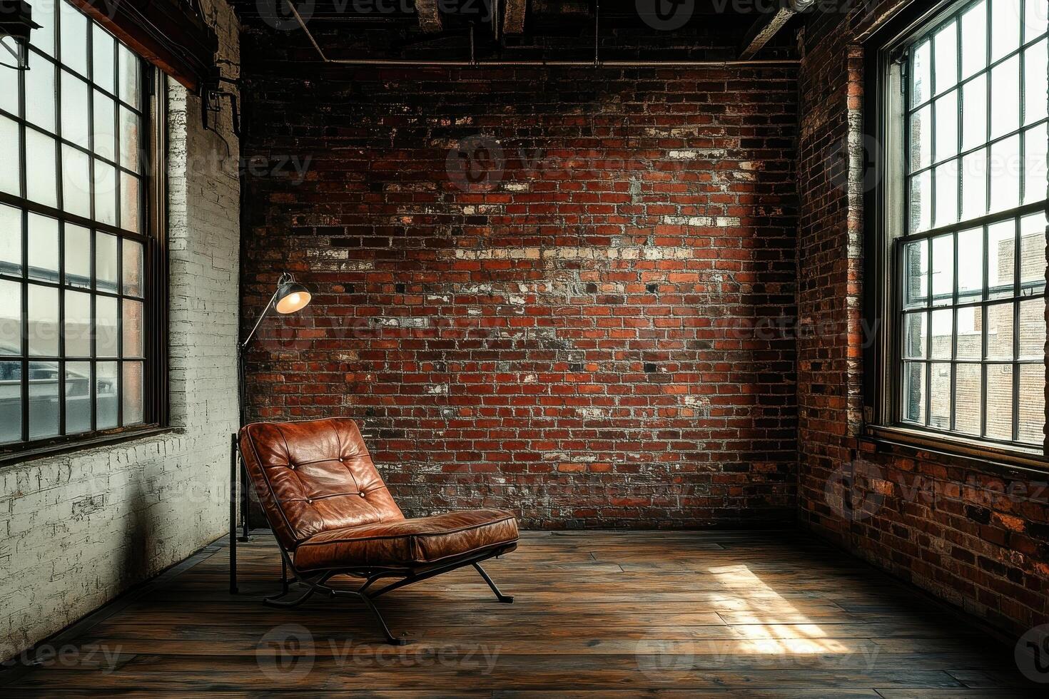 Industrial loft with brown leather chair and exposed brick walls in sunlit room photo