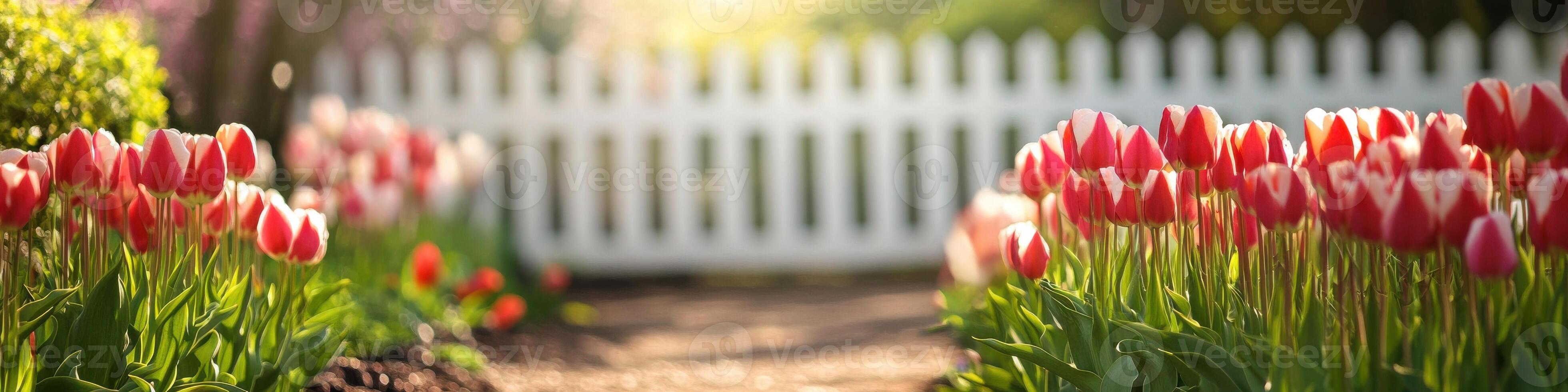 Vibrant red and white tulips in bloom by a sunny white picket fence in spring garden photo