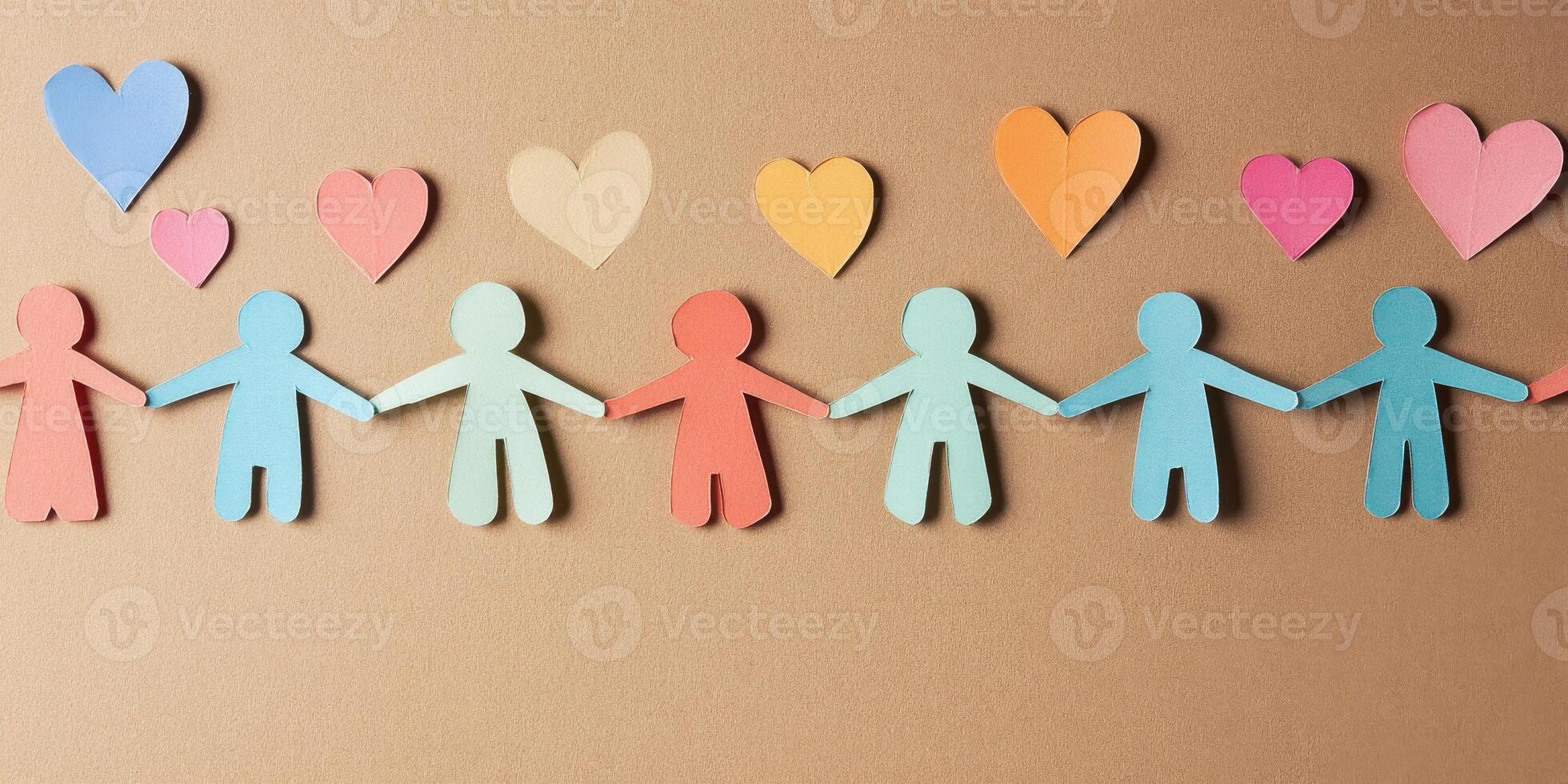 Colorful paper cutout figures and hearts symbolizing unity and love photo
