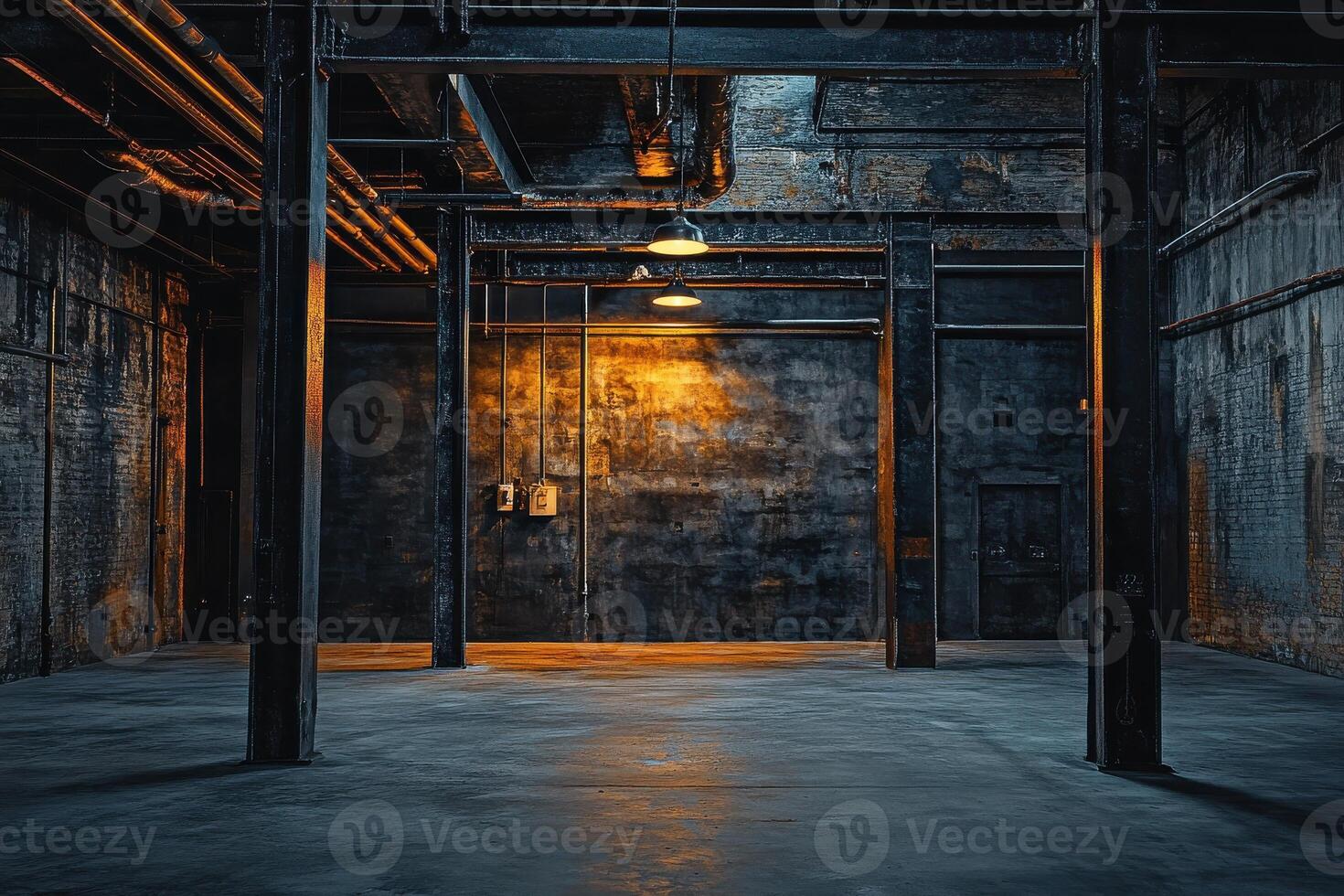 Industrial warehouse interior with exposed pipes and dim lighting concept photo