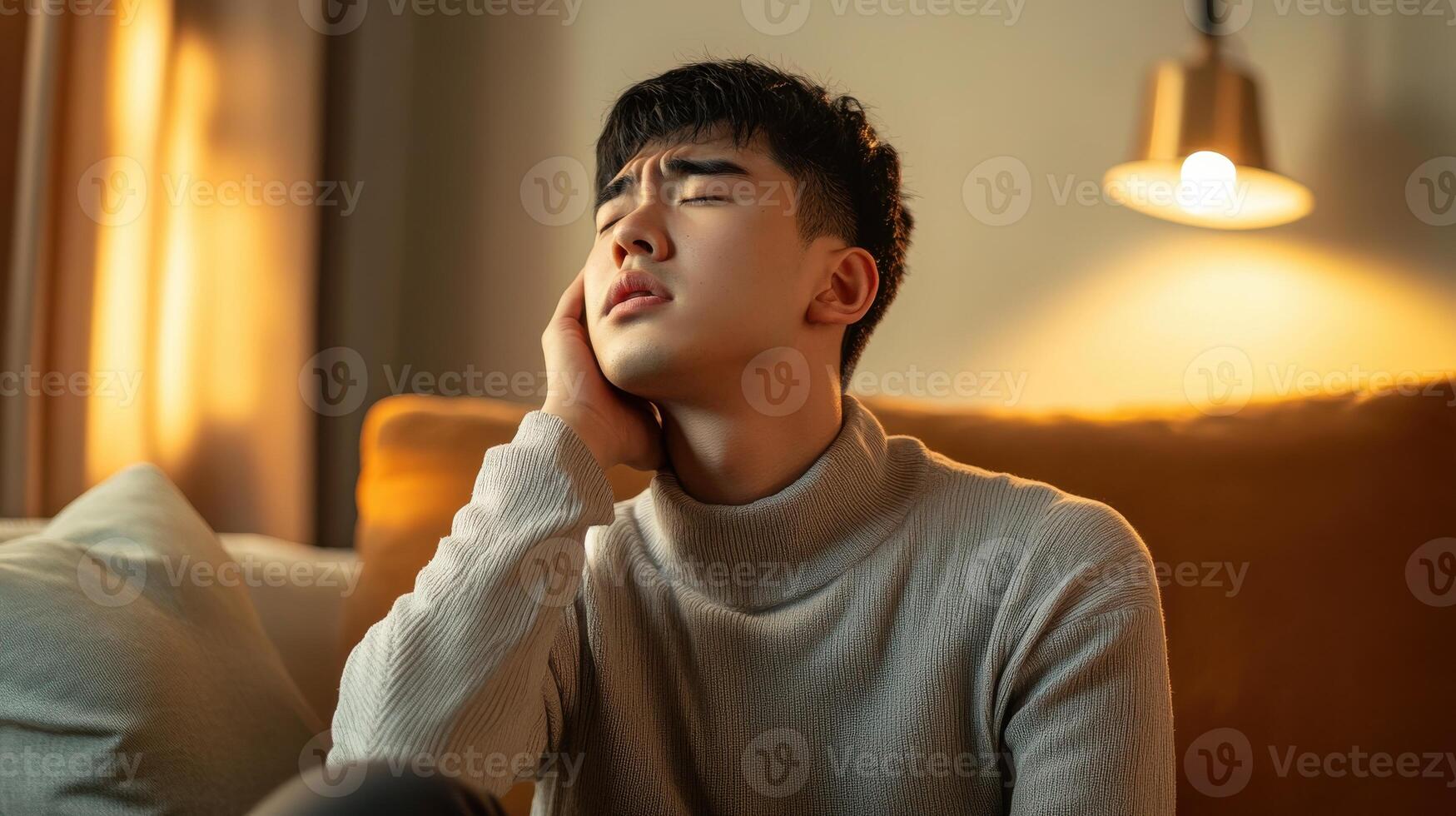 Young man in turtleneck experiencing toothache sitting in cozy living room lighting photo