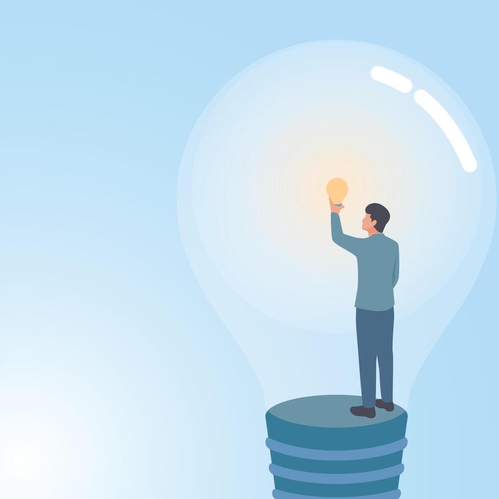 A man finds a small light bulb burning inside a large lamp. A metaphorical illustration of the value of an idea, valuable thinking and limitless creativity. vector