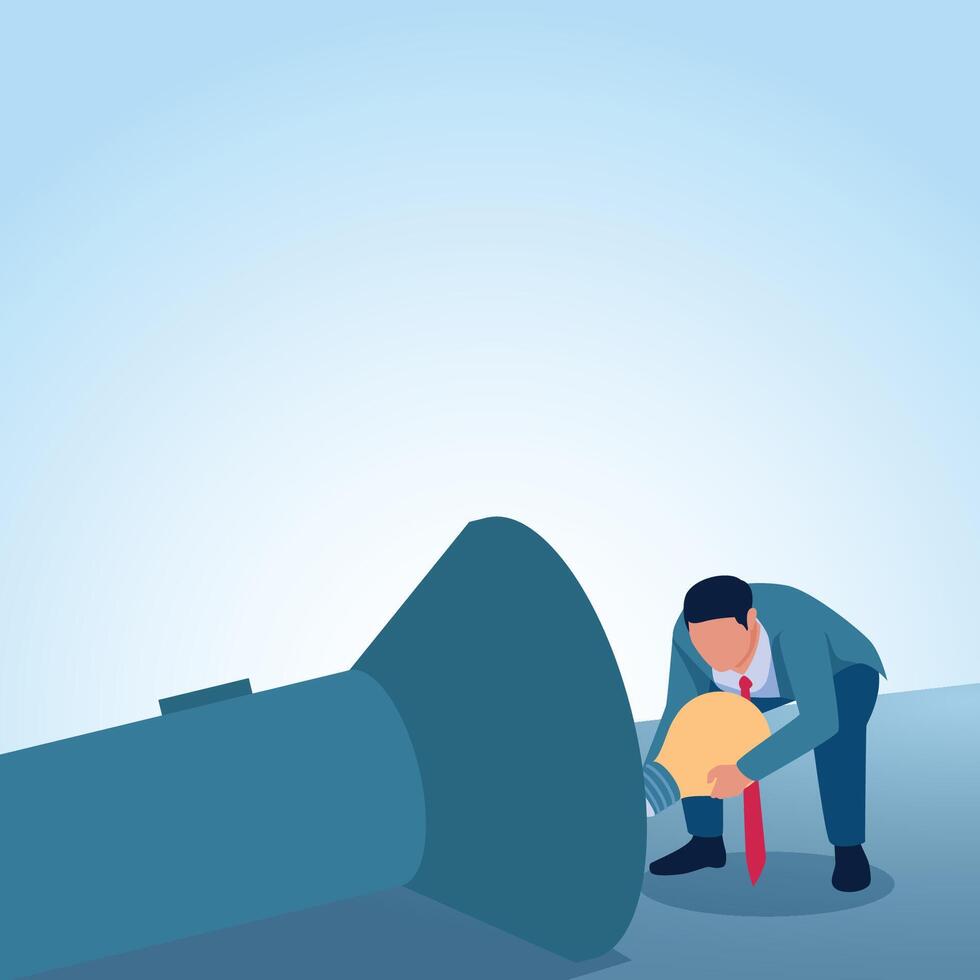 A man puts a light on the head of a flashlight. A metaphorical illustration for the value of an idea, valuable thinking and limitless creativity. vector