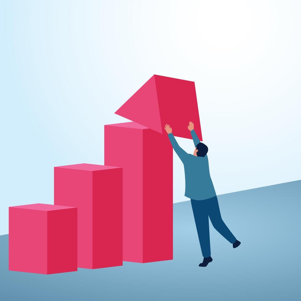 A man sets an arrow head to go up. A metaphorical illustration to increase sales, accelerate profits and increase revenue. vector