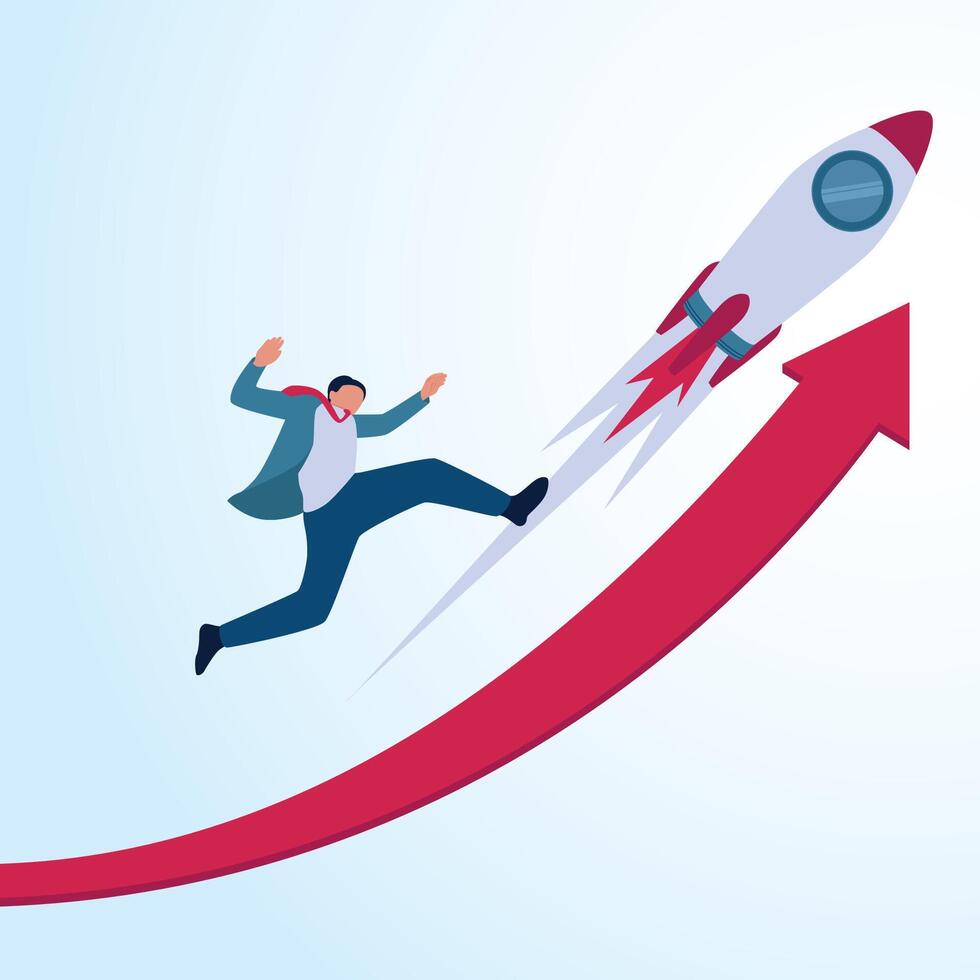 A man running with a rocket riding an arrow going up. A metaphorical illustration to increase sales, accelerate profits and increase revenue. vector