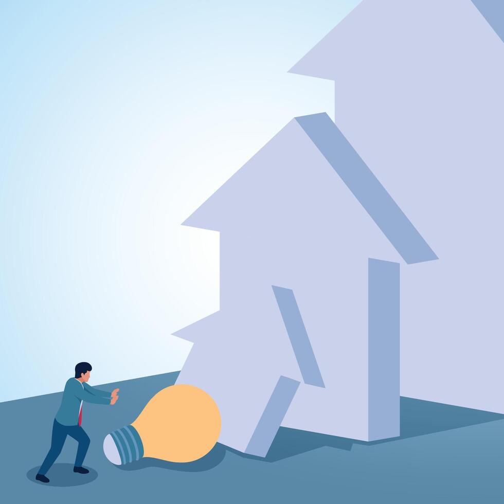 A man pushes a lamp to create a domino effect. Illustration of the value of an idea, valuable thoughts and limitless creativity. vector