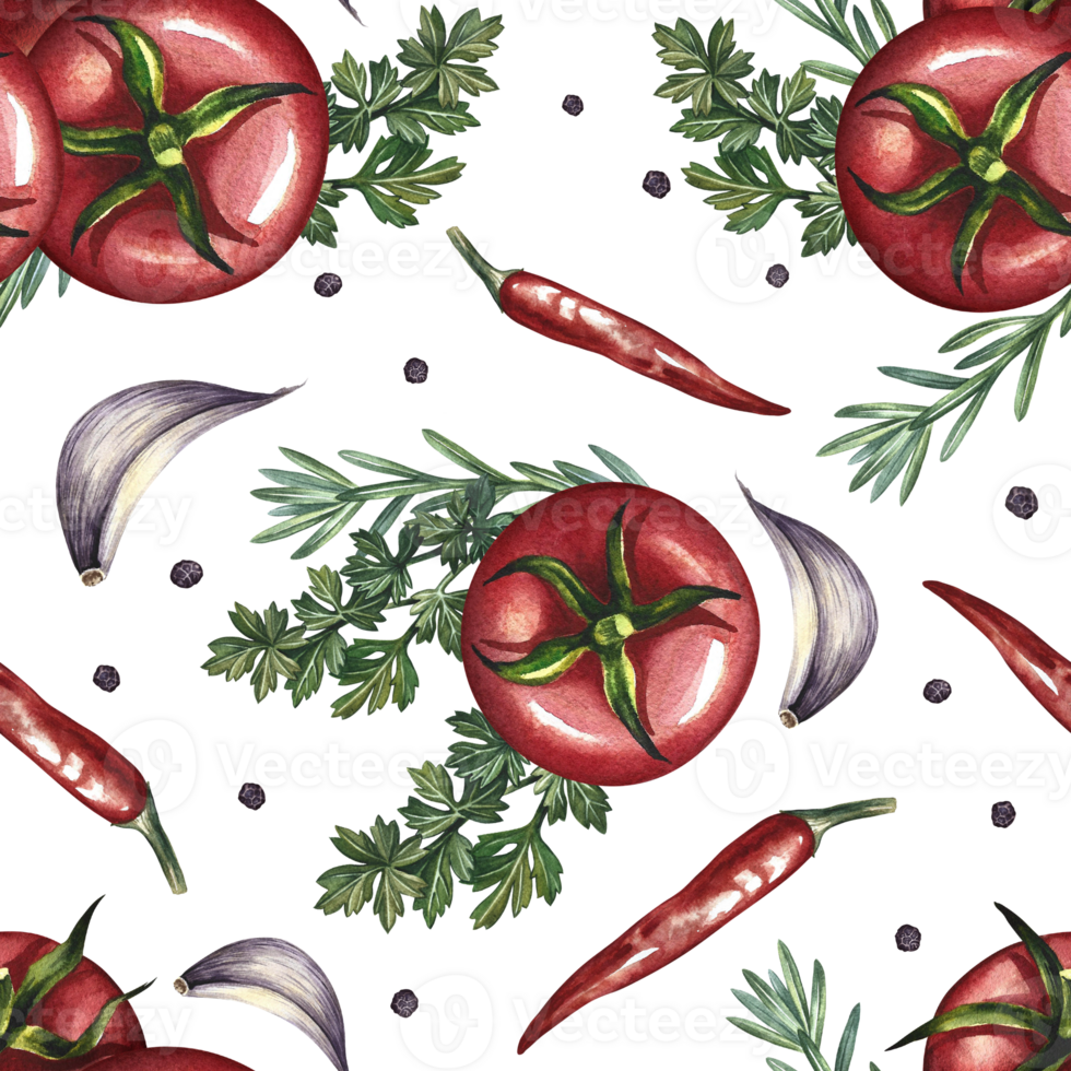 Seamless pattern with vegetables. A hand-drawn watercolor illustration. Color image of tomatoes, garlic, herbs and spices. Great for textiles, kitchen decor, tablecloths, menus, packaging. png