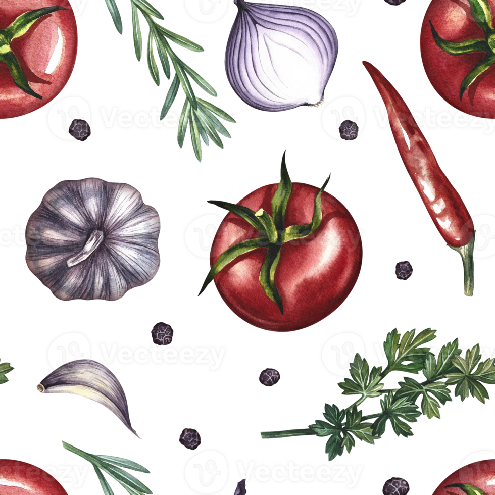 Seamless pattern with vegetables. A hand-drawn watercolor illustration. Color image of tomatoes, garlic, onions, herbs and spices. Great for textiles, kitchen decor, menus, recipe books, packaging. png