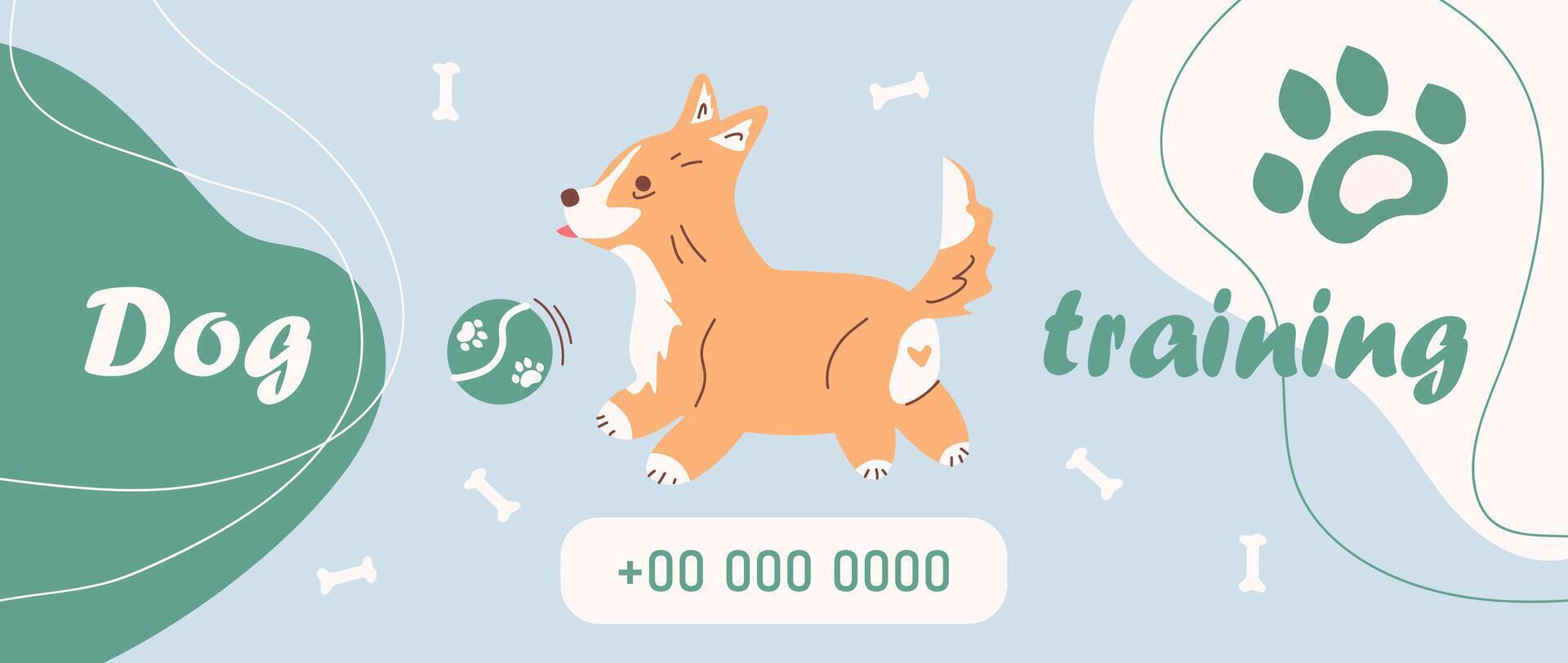 Horizontal design of a web banner for sports training and dog training, with a cute running corgi, a ball and a place for text. Minimalistic illustration for the event announcement. vector