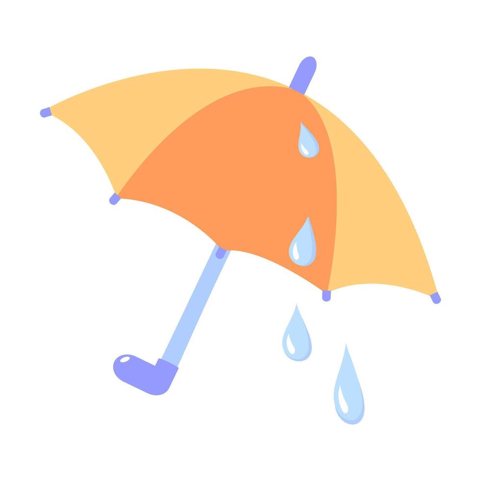 A bright orange umbrella dripping with large raindrops. A sunny illustration welcoming spring. The rain has stopped, and the water is running down the umbrella. Hand-drawn illustration. vector