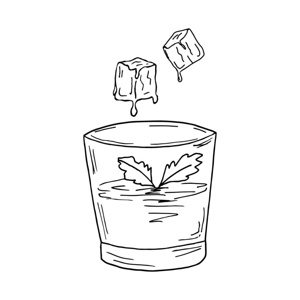 A summer refreshing drink in a glass with ice and mint. Detox cocktail, mint water for a healthy diet. illustration in doodle style, monochrome. vector
