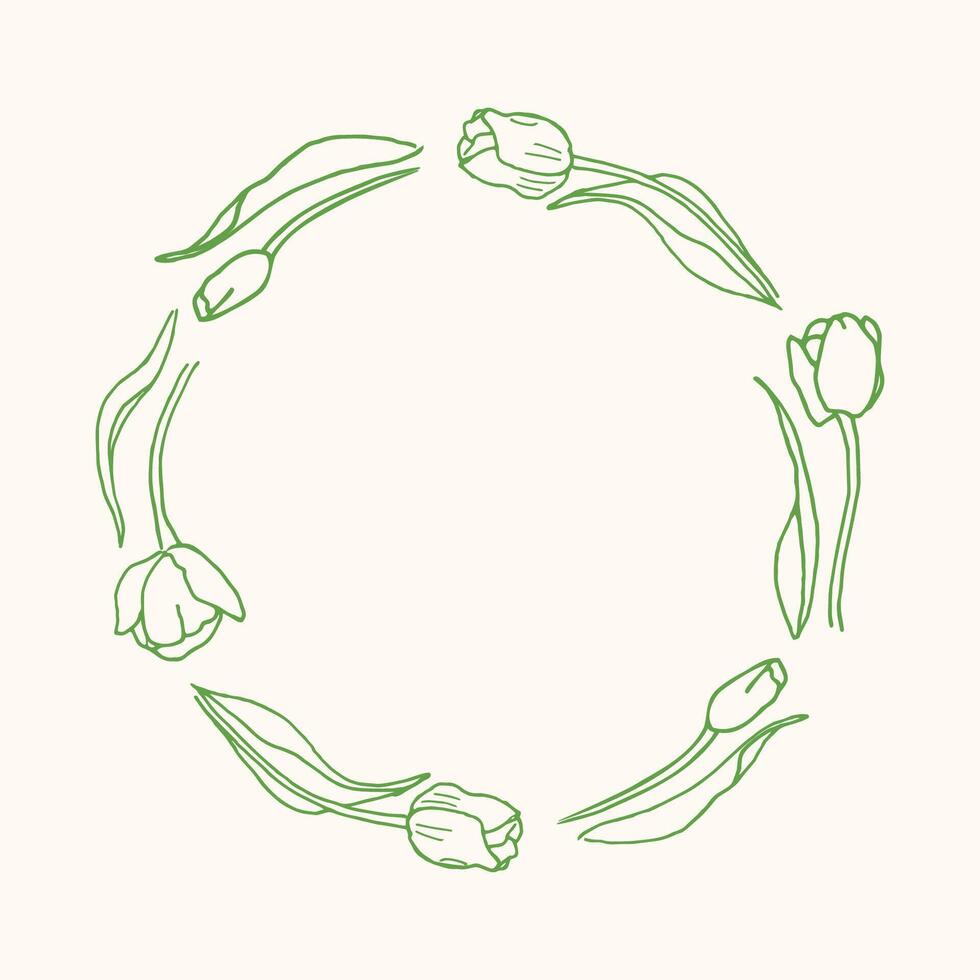 A hand-drawn flower frame made of tulips. An elegant round wreath. illustration of minimalistic botanical elements for labels, logos, postcards, wedding invitations vector