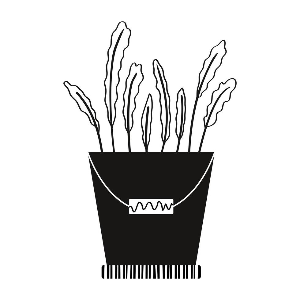Twigs of plants in a pot- bucket image of a silhouette of a plant monochrome drawing. illustration of a potted plant. Home decor. Icon, print. vector