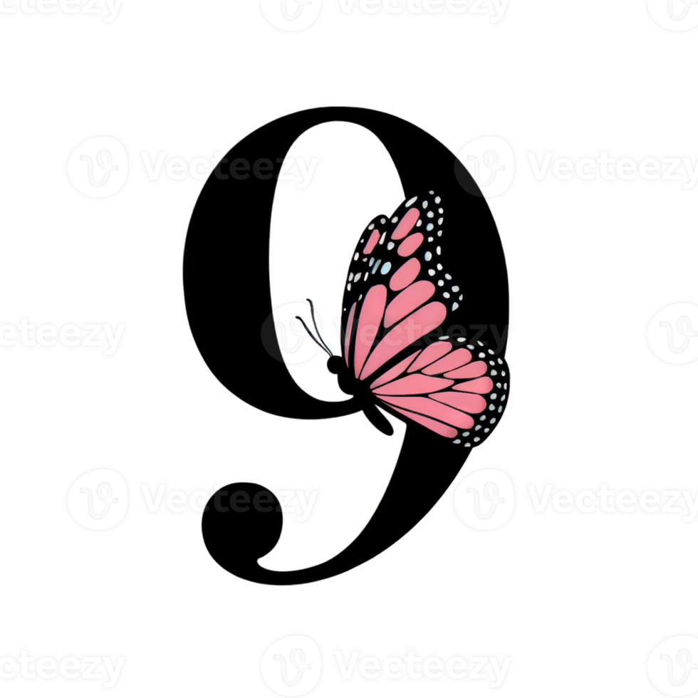 A vivid, pink butterfly with intricate wing patterns rests on the numeral 9, creating a striking contrast cutouts png