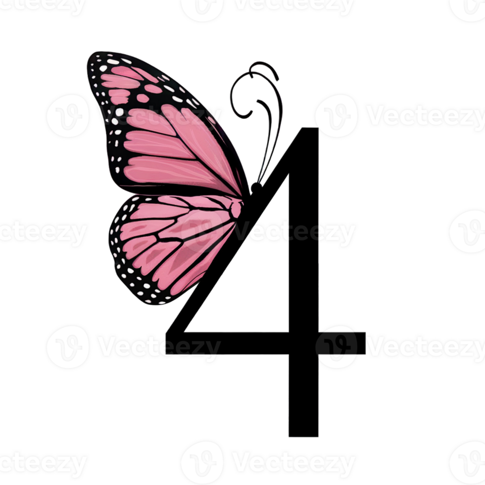 A vivid, pink butterfly with intricate wing patterns rests on the numeral 4, creating a striking contrast cutouts png