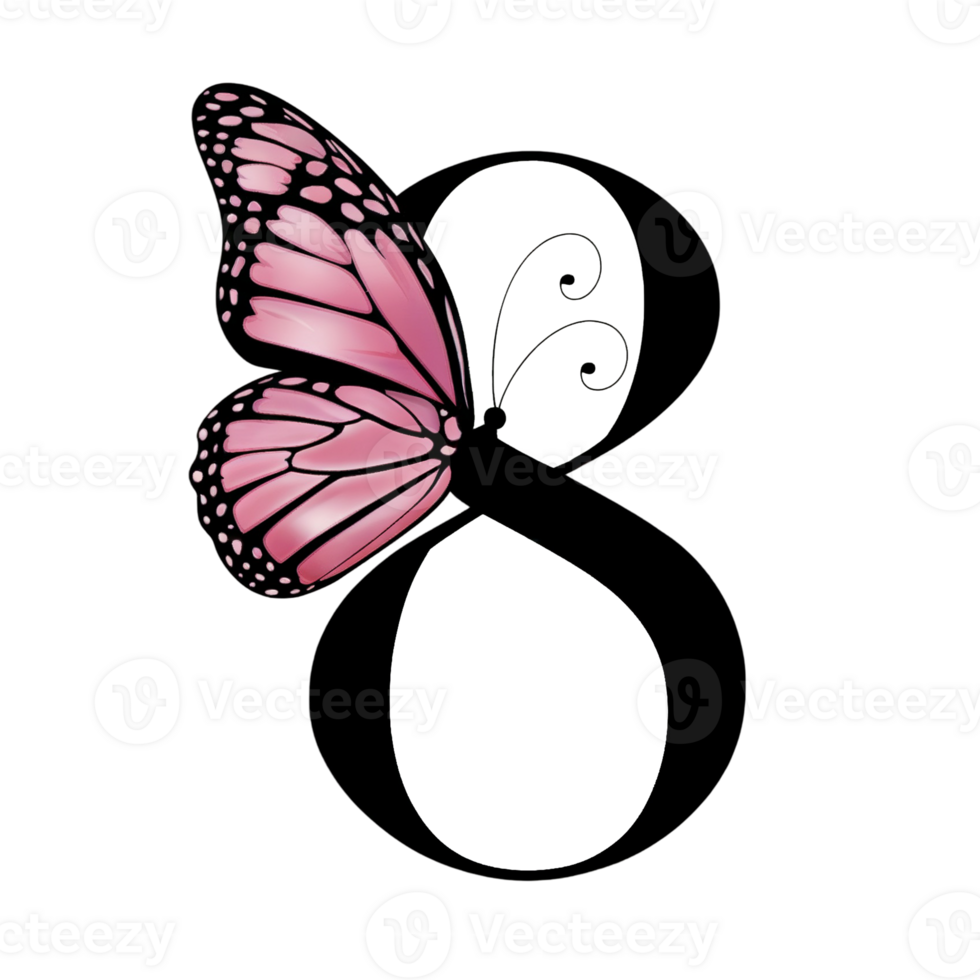 A vivid, pink butterfly with intricate wing patterns rests on the numeral 8, creating a striking contrast cutouts png