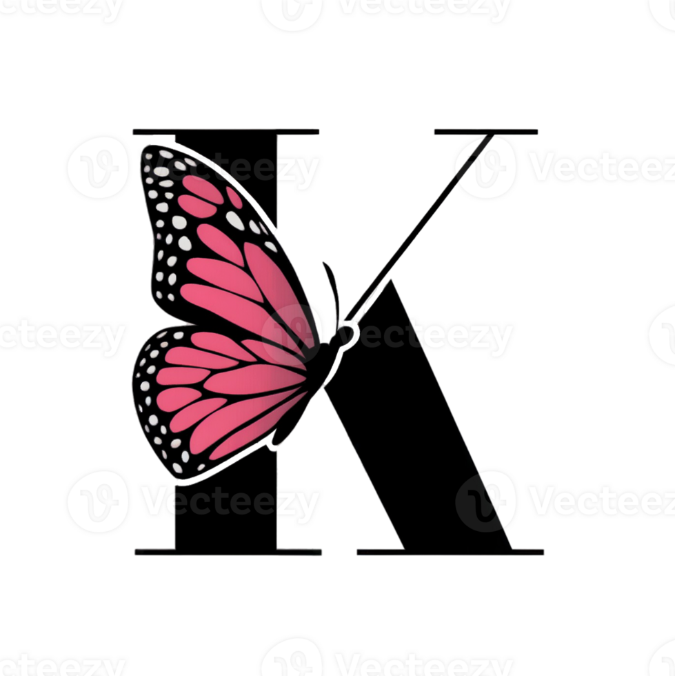 large, bold letter k features a delicate pink butterfly perched on one side. cutouts png
