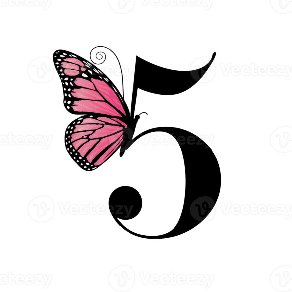 A vivid, pink butterfly with intricate wing patterns rests on the numeral 5, creating a striking contrast cutouts png