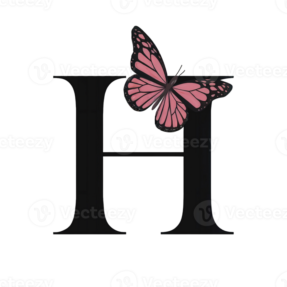 A large, bold letter H features a delicate pink butterfly perched on one side. cutouts png