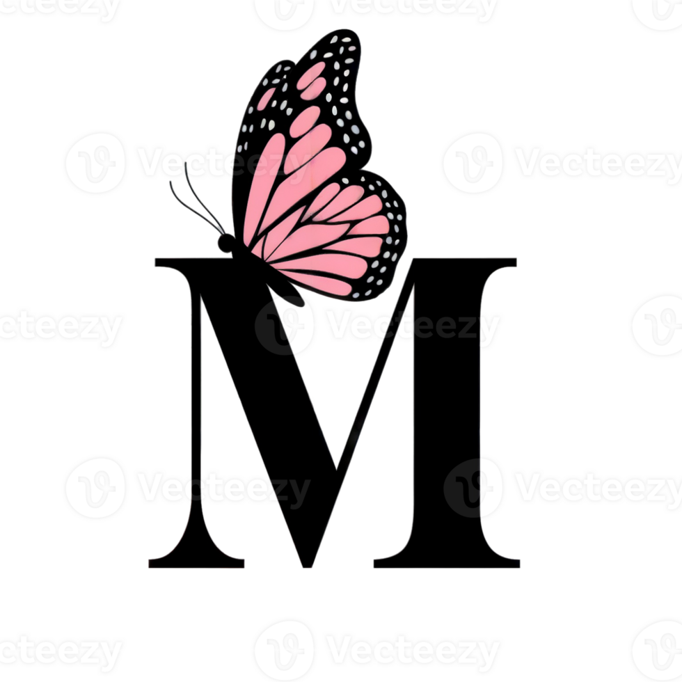 A large, bold letter M features a delicate pink butterfly perched on one side. cutouts png