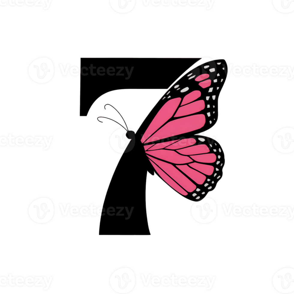 A vivid, pink butterfly with intricate wing patterns rests on the numeral 7, creating a striking contrast cutouts png