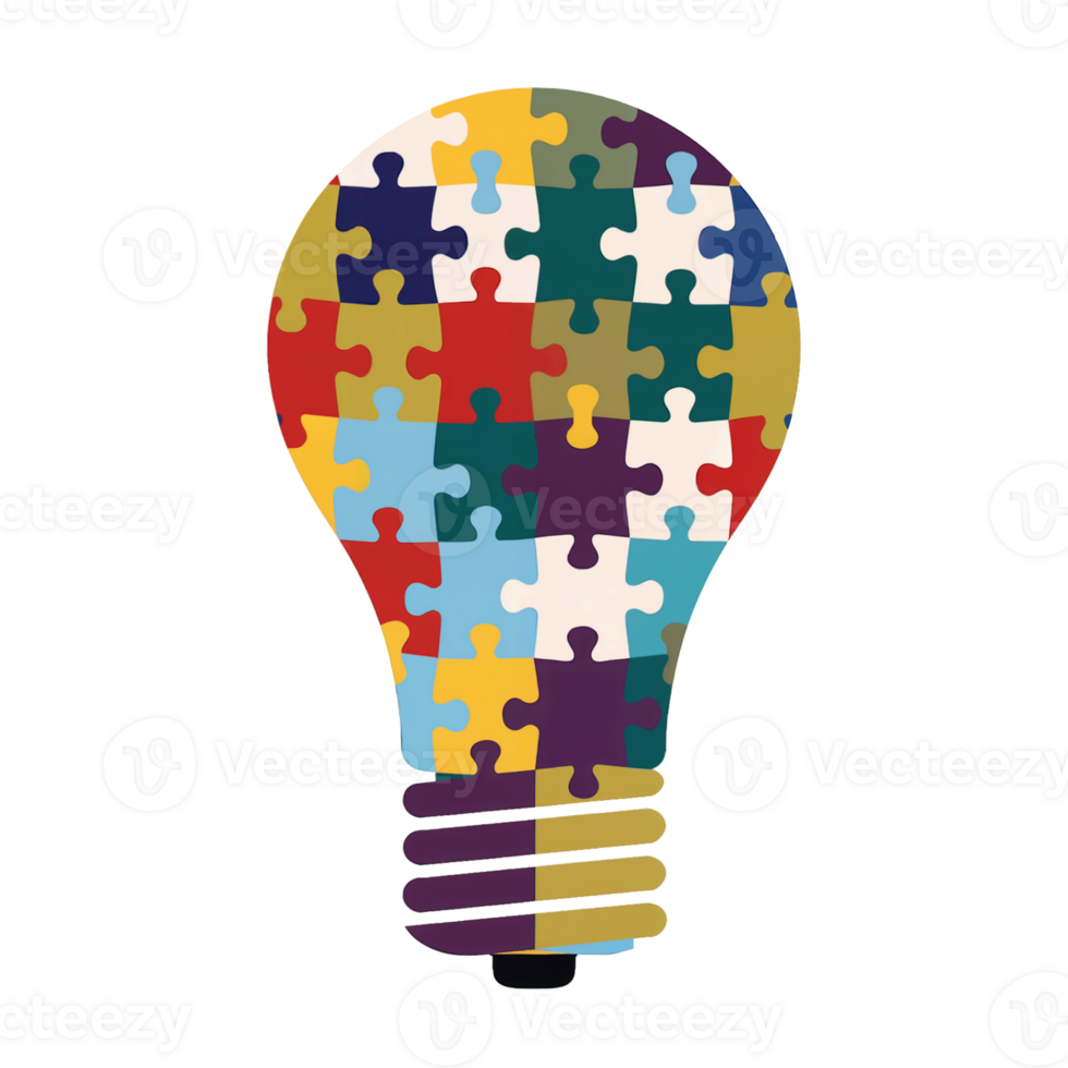 A light bulb is creatively formed using interlocking puzzle pieces of various colors cutouts png