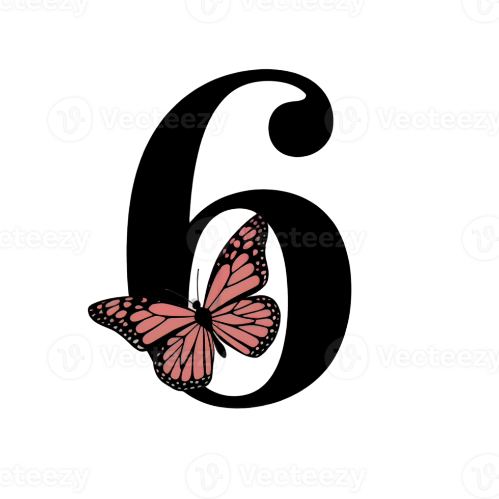 A vivid, pink butterfly with intricate wing patterns rests on the numeral 6, creating a striking contrast cutouts png