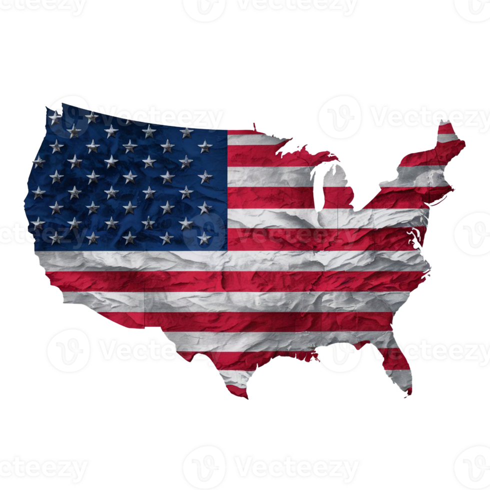 A silhouette of the United States is filled with the American flag, featuring stars and stripes cutouts png