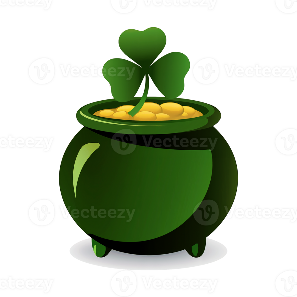 A green pot filled with gold coins is adorned with a clover plant on top cutouts png