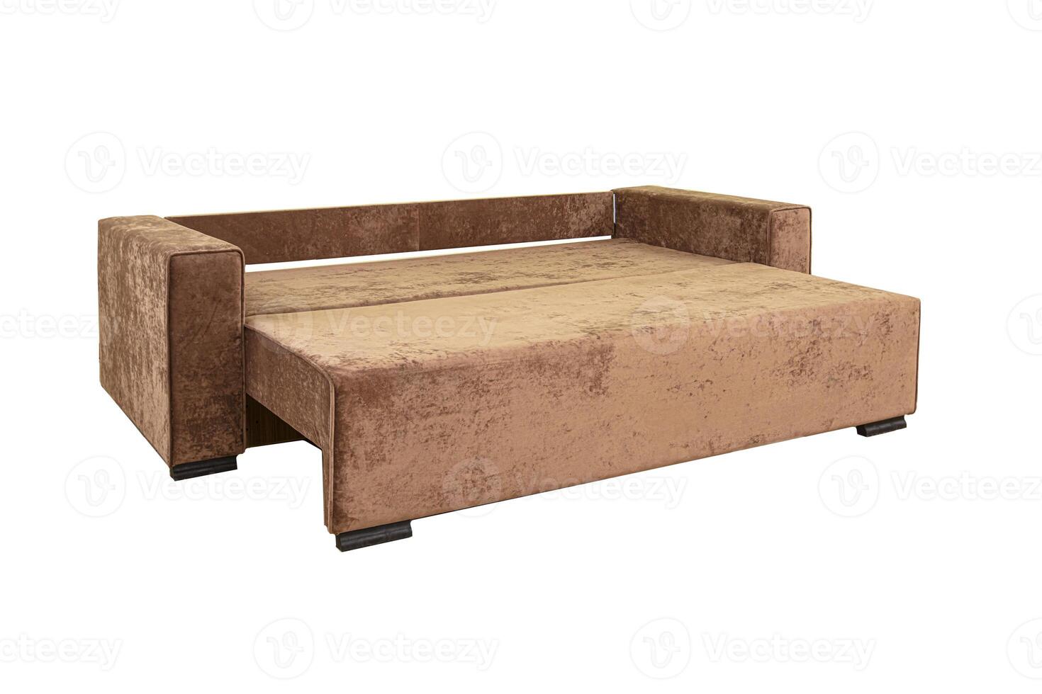 Brown unfolded sofa with velor fabric pillows isolated on a white background. photo