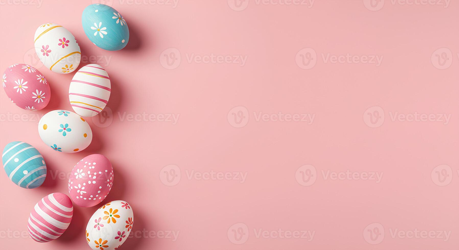 Happy Easter Frame with Colorful Eggs on Light pink Background. A decorative and stylish layout for digital and print Easter promotions photo