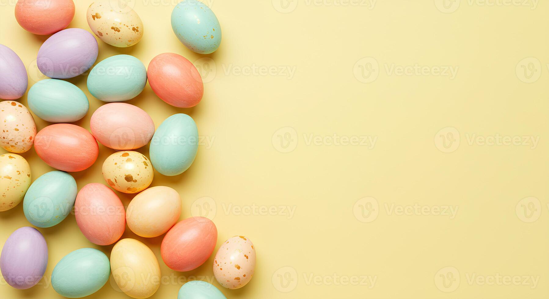 Happy Easter Flat Lay with Colorful Eggs on Light yellow Background. A cheerful and festive background for Easter-themed campaigns, posters, and invitations. photo