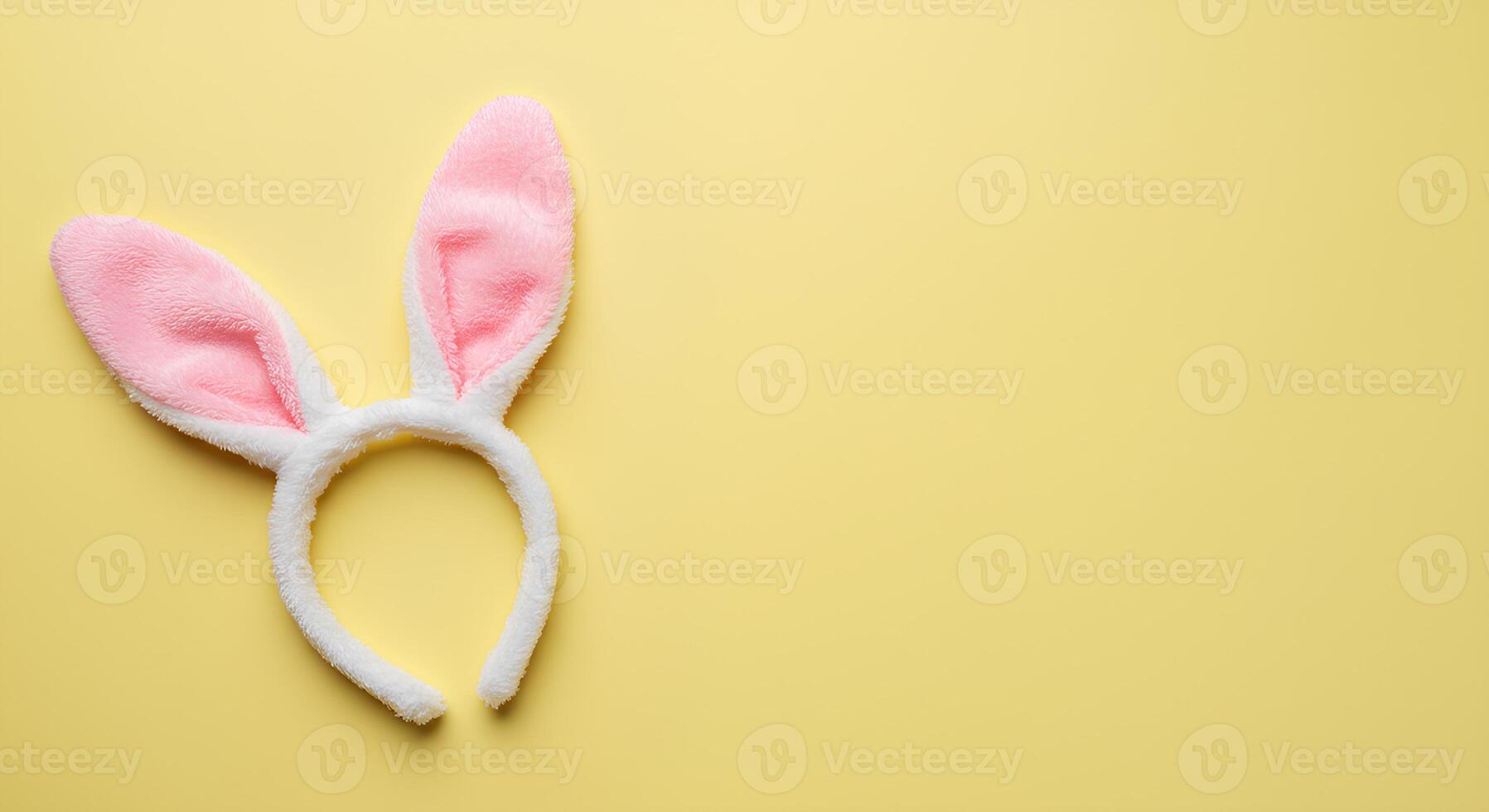 Bunny Ears on Baby Yellow Background for Easter Celebration. Festive rabbit ears set against a pastel yellow background, symbolizing the joy of Easter and the arrival of spring photo