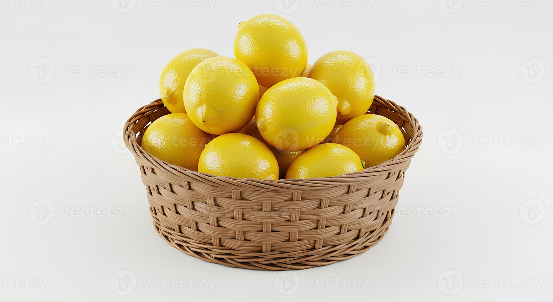 Juicy, organic lemons in a rustic wicker basket isolated on white background photo