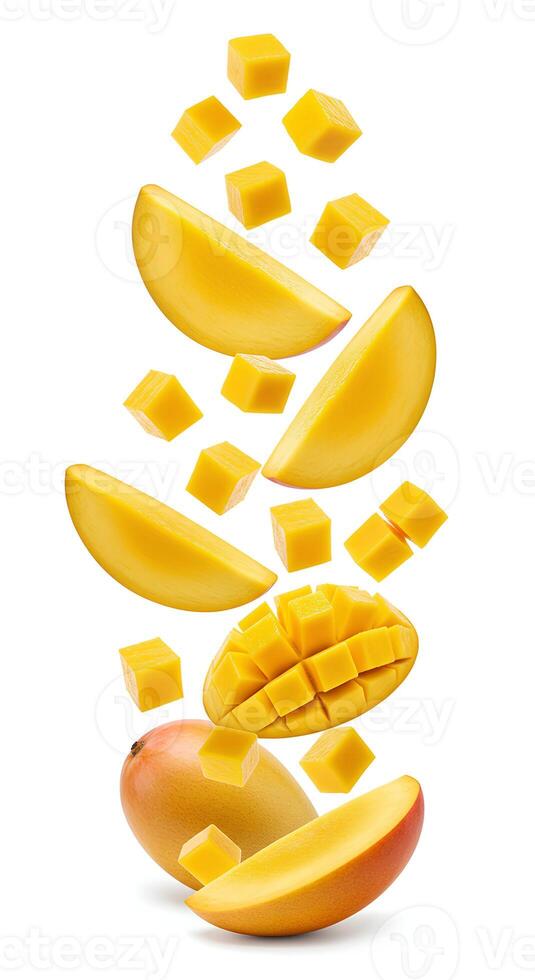 Tropical mango chunks falling, isolated on white. Ripe mango pieces in mid-air, ideal for summer-themed culinary visuals photo
