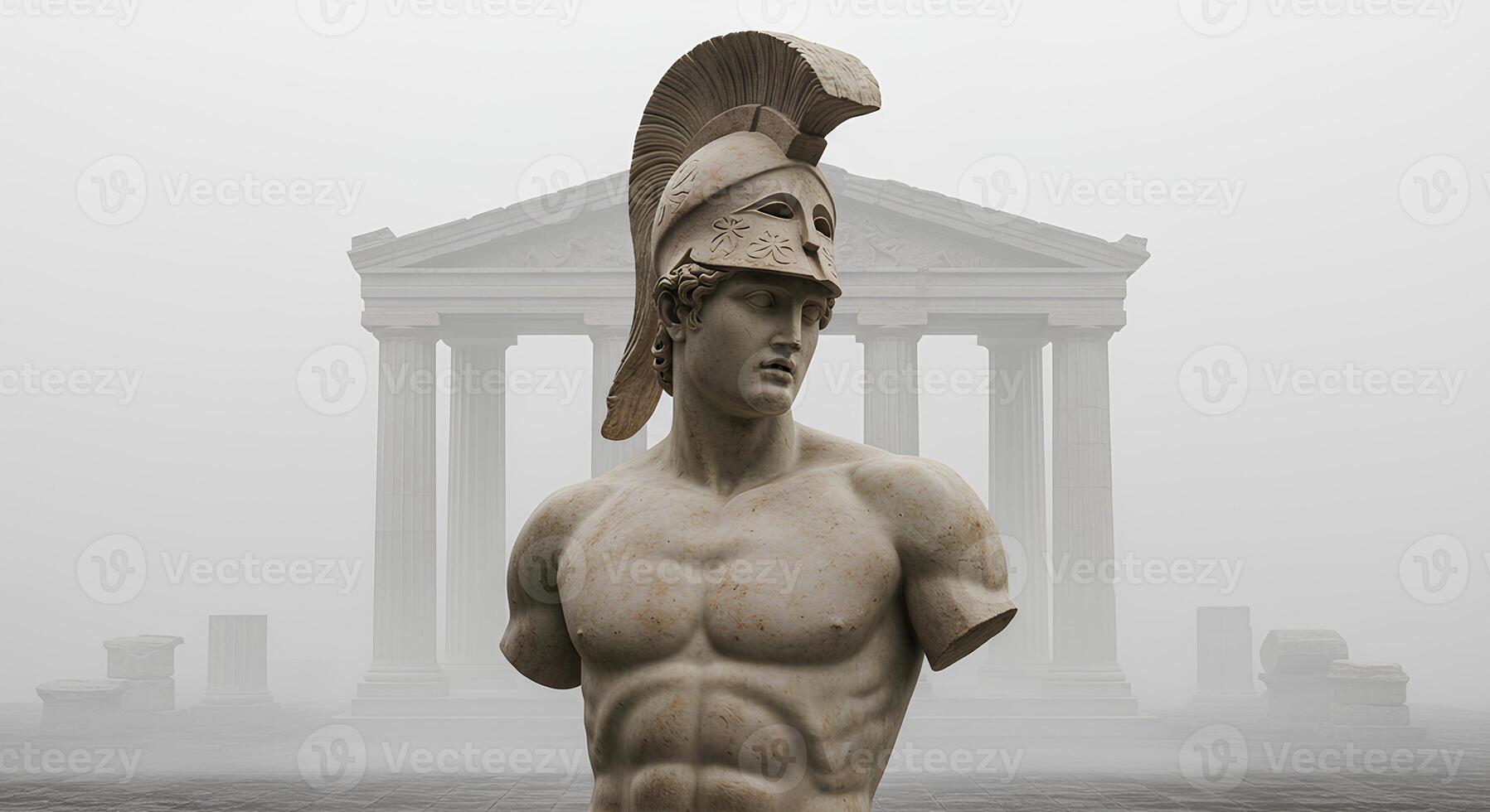 Ancient Greek statue of a spartan general surrounded by historic roman architecture for classical history. Marble statue of a spartan warrior set against ancient roman architectural ruins photo