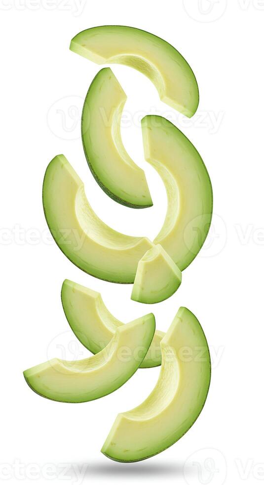 Ripe and Organic Avocado Pieces in Mid-Air. Ideal for nutrition-focused designs, healthy eating visuals, and fresh food themes photo