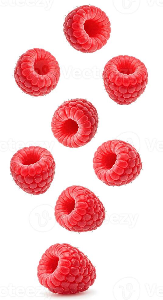 Fresh raspberries falling down isolated, vibrant red berries tumbling in mid-air, perfect for organic food branding, healthy eating, and fruit-based designs photo