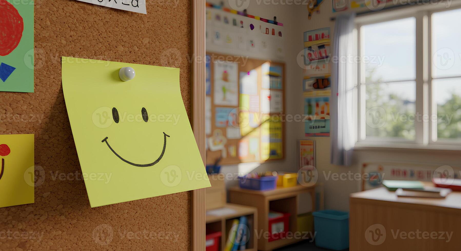 Cheerful Smiley Face Doodle on a Yellow Note for Mental Wellness. A creative representation of positivity and mental health advocacy photo
