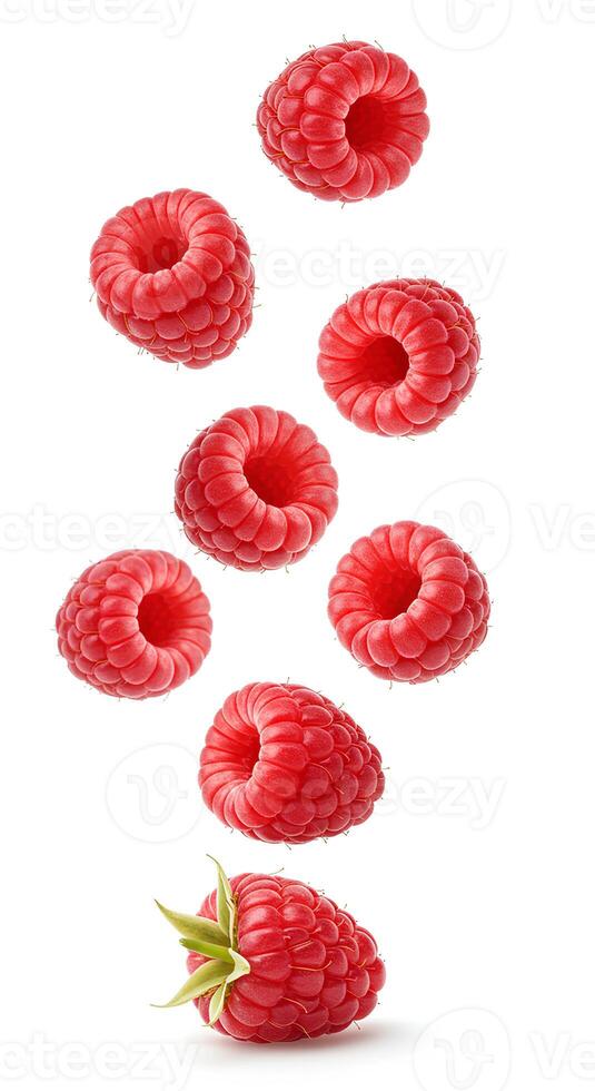 Juicy ripe raspberries falling down, high-resolution fruit pieces floating in air, ideal for smoothie ads, desserts, and vitamin-rich nutrition campaigns photo
